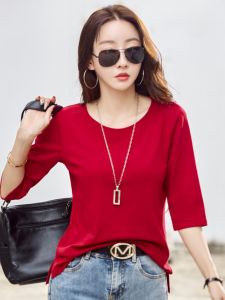 เสื้อยืดแขนสั้นผ้าฝ้ายแท้สีแดง ทรงหลวม ลำลอง แขนยาว 5 นิ้ว เสื้อชั้นใน ทรงหลวม แฟชั่นฤดูร้อน เสื้อยืดคอกลม