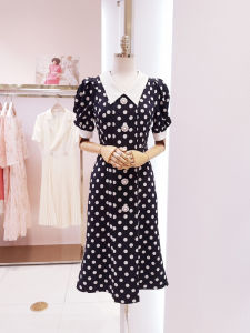 ชุดเดรสยาวผ้าชีฟองลายจุดสไตล์ฝรั่งเศสย้อนยุคสำหรับผู้หญิงไซส์ใหญ่ ฤดูร้อนปี 2025 แขนยาว ปกโปโล กระโปรงทรงเอ ชุดเดรสยาวคลุมท้อง