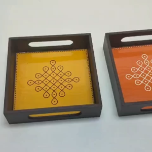 Kolam Printed Wooden Trays 6*6 Inches | Muggulu Wooden Serving Tray with Handles | Pooja & Home Décor | Navaratri | Diwali | Festive & Gifting |1 Pc