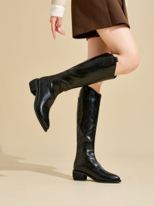 Josiny | Black Pointed Toe British Style Winter New Chunky Heel Slender Long Boots