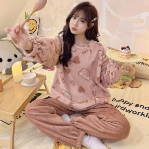 Thickened Coral Fleece Pajamas Set for Women Sweet Cute Korean Style Autumn Winter Home Clothes Matching Long Pants Sleepwear