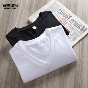 Summer V-Neck Loose Fit Pure Cotton Hong Kong Style Mens T-Shirt Short Sleeve White Large Size Casual Fashion Youth Trend