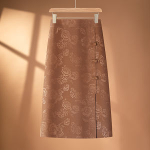 New Chinese Style Half Skirt Womens Summer New Embossed Floral Satin Wrap around Skirt High Waist mid Length a Line Skirt