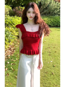 YUEZHONGWEI | French Style Square Collar Lace Trim Miniature Sleeve Knitted Vest Women Summer Outdoor Wear Slim Fit Short Top