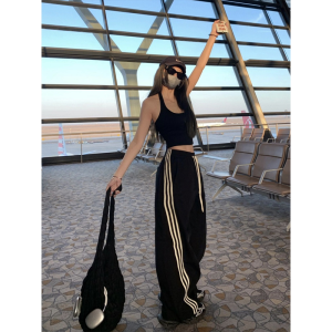 Quần Thể Thao Sọc Đen Dài Thường Ngày Cho Nữ Mùa Hè 2025 Quần Ống Rộng Cạp Cao Có Dây Rút