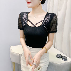 Rehin LƯỚI MÙA HÈ cutout Rhinestone Áo phông ngắn tay ôm vừa hợp thời trang hàng đầu (M-3XL)