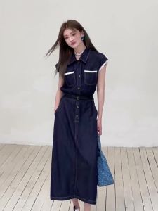 MIUCO | Đầm Denim Vintage Có Ren Dây Lưng Thon