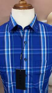 OWEN SALE - Áo Sơ Mi Owen Tay Ngắn Màu Xanh - Trắng Họa Tiết Sọc Form Body Fit Lai Ngang Chính Hãng