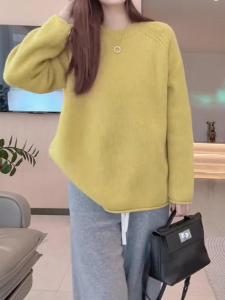 UYFY | เสื้อสเวตเตอร์ถักคอโปโลแขนยาวหลวมๆ สีเหลือง ทรงเข้ารูป แฟชั่นฤดูใบไม้ร่วง เสื้อผ้าทำงานสไตล์เกาหลีสำหรับผู้หญิง