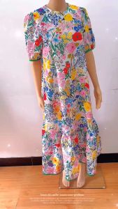 Korean dress 2025 springnew fashion loose fitting puff round neck mid length floral women