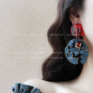 Elegant Blue Carved Floral Vintage Style Heavy Work New Chinese Style Earrings Clip-Ons by YOUJUclub Fashion Jewelry