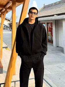 เสื้อสเวตเตอร์มีฮู้ดสไตล์อเมริกันย้อนยุคสีเทาอ่อนสำหรับผู้ชาย เสื้อคลุมคาร์ดิแกนแฟชั่นฤดูใบไม้ผลิและฤดูใบไม้ร่วง ทรงหลวม ปกติ