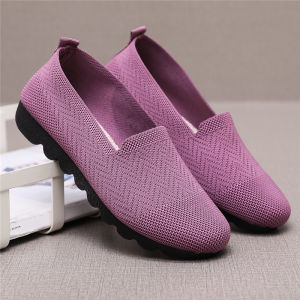Polyurethane Flat Bottom Fly Knit Mom Shoes Beijing Style Womens Loafers Soft Comfortable Casual Fashion Single Tone Footwear