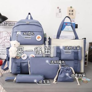 กระเป๋าเป้สะพายหลังนักเรียนมัธยมปลาย น้ำหนักเบา สีบล็อก 5 ชิ้น สำหรับนักเรียนมัธยมต้นและมัธยมปลาย กระเป๋าเป้สะพายหลังแบบใส่ได้หลายชั้น