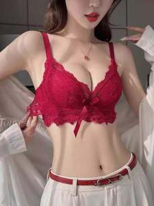Red Thickened Wedding Bra Set Womens Underwear Gathered U-Shape Cup Fixed Double Strap Nylon Fabric Spring Autumn Winter
