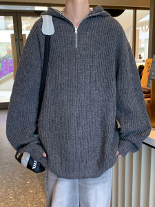 Cleanfit Hooded Knitted Sweater Mens Solid Color Half Zip Autumn Winter Casual Loose Fit Long Sleeve Knit Cardigan Coat