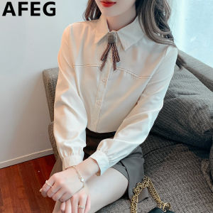 AEEG Solid color Korean version shirt collar bow fashion loose temperament chiffon long sleeve blouse