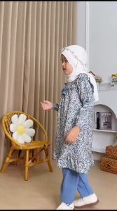 Setelan Adara Motif Floral Anak Perempuan - Atasan Polo & Legging Crinkle Super