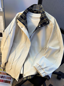 แจ็คเก็ตแบบสองชิ้นสไตล์อเมริกันสำหรับผู้ชาย แจ็คเก็ตฤดูใบไม้ร่วงคอตั้งลายสก็อตแบบแยกส่วน ดีไซน์แยกส่วน เสื้อผ้าทำงาน ทรงหลวม