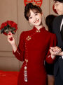 Red Wedding Dress Cheongsam Style Long Sleeve Fitted Evening Gown for Brides Custom Made Engagement Party Chinese Style Revamp. 