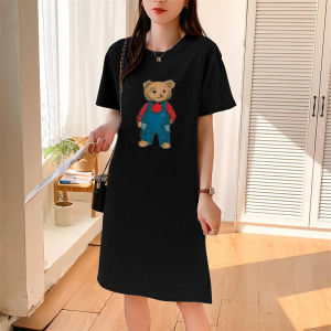 Pure Cotton T-Shirt Dress Womens Summer New Loose Long Sleeve Short Sleeve Midi Dress Casual round Neck Printed H-Shape Dress