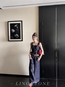 Original Vintage Diamond Lattice Embroidered Jean Vest and Straight Jeans Set