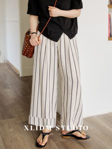 Tencel Linen Stripes 9/10 Length Turn-up Retro Style Palazzo Pants