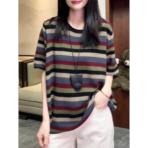 QINGNAER | Stylish Vintage Stripe Round Neck Tshirt