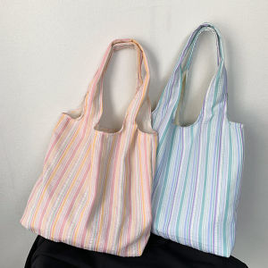 Dopamine Striped Canvas Vest Bag Large Capacity Underarm Summer Fairy Student Class Handbag Fresh Style Geometric Pattern