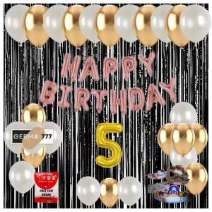 Set Pesta Dekorasi Pesta Ulang Tahun Anak Banner Foil Cetak Happy Birthday Rosegold Balon Gold Putih