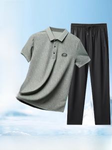 ROMON | Lomond Ice Silk Casual Set Mens Summer Thin Short Sleeve Polo Shirt and Long Pants Two-Piece Set for Middle-Aged and Elderly