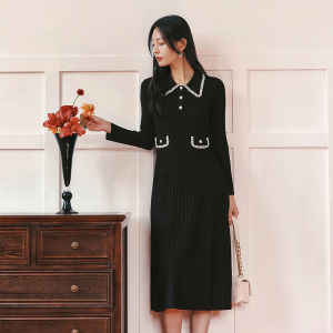 Koradior | Knitted Fitted Bead-Collar Long Sleeve Black Dress
