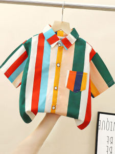 เสื้อเชิ้ตแขนสั้นเด็กชาย ผ้าฝ้าย ลายทาง สไตล์เกาหลี แฟชั่นฤดูร้อน เสื้อผ้าเด็กชาย คอกลม ทรงหลวม ระบายอากาศได้ดี เสื้อผ้าเด็กชาย