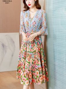 Elegant V-neck Silk Dress European Style Double Gauze Printed Heavyweight Mulberry Silk Midi A-line Skirt Commute Artistic