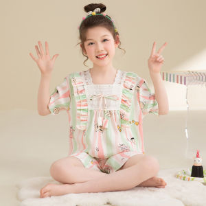Girls Summer Sleepwear Pure Cotton Lightweight Short Sleeve Childrens Home Clothes Set Comfortable Breathable Casual Style