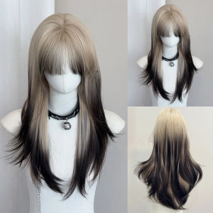 Women Ombre Layered Blonde Black Synthetic Long Straight Wig Fluffy Cosplay Wig with Bangs for Lolita Daily Party