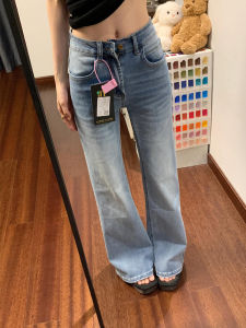 Quần Jeans Ống Rộng Cạp Lows American Style Blue Jeans Nữ Dài Đến Sàn Ôm Dáng Quần Ống Loe Cổ Điển Quần Jeans Nữ