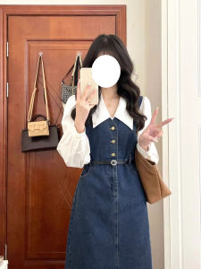 ชุดเดรสยาวแขนกุดสไตล์ฝรั่งเศสสำหรับผู้หญิงในฤดูใบไม้ร่วง ดีไซน์ใหม่ กระโปรงทรงเอเอวสูง กระโปรงทรงเอ ชุดเดรสยาว