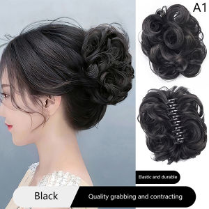Lifelike Messy Curly Synthetic Hair Bun Wig with Flower Bud Gripping Clip Elastic Womens False Hair Piece High-Temperature Silk
