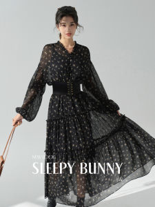 French Tea Rest Elegance Waist-High Spliced Full Skirt Dress