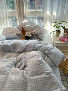 Nordic Simple Washed Cotton Bedding Four-Piece Set Checkered Duvet Cover Bedding Sheet Single Dormitory Three-Piece Set Autumn Winter