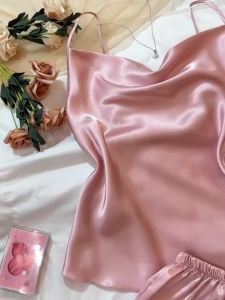 Solid Satin Pajama Set V Neck Cami Top Elastic Waistband Shorts Womens Sleepwear Loungewear