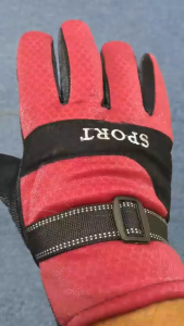 Blue and red sport gloves with adjustable wrist straps and textured grip.