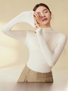 MiiOW | Womens Long Sleeve Base Layer Shirt Half High Neck Pile Neck Inner Knitted Wear Black Simple Style MiiOW Cat Person Brand