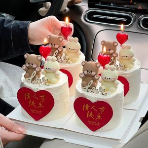 Valentines Day Cake Decoration Cute Bear Rabbit Figurine Romantic Couple Confession Heart Shaped Card Love Plug-In