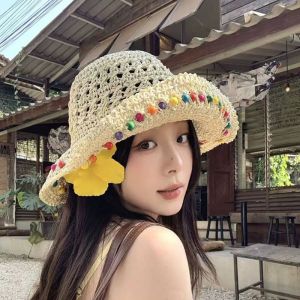 Mũ Cói Mùa Hè Dành Cho Nữ Chống Tia UV Thoáng Khí Có Lưới Mũ Chống Nắng Đi Biển Kèm Phụ Kiện Dây Chuyền Màu Trơn Phong Cách Giản Dị Chống Nắng