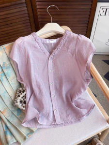 Áo Sơ Mi Chiffon Cổ Chữ V Màu Tím Thanh Lịch Mùa Hè Cho Nữ Áo Sơ Mi Dáng Rộng Tay Dài Chất Liệu Polyester