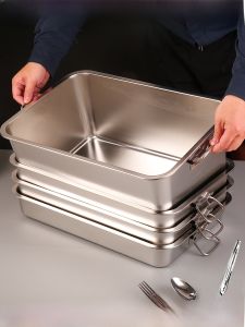 Stainless Steel Rectangular Bowl with Handle for Commercial Use Deep Fry Pot Food Serving Tray Restaurant Cleaning Sink Pan