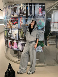 Left Side Womens Fashion Sports Two-Piece Set Spring 2024 New Hooded Zipper Sweatshirt Casual Pants Ensemble Cotton Blend