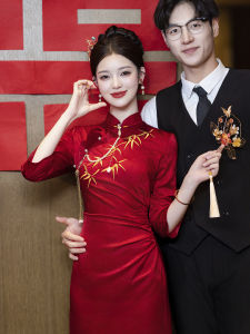 Elegant Chinese Style Wedding Dress for Girls Vintage Cheongsam Midi Skirt Low Slit Warmth Seven Sleeve Wedding Gown